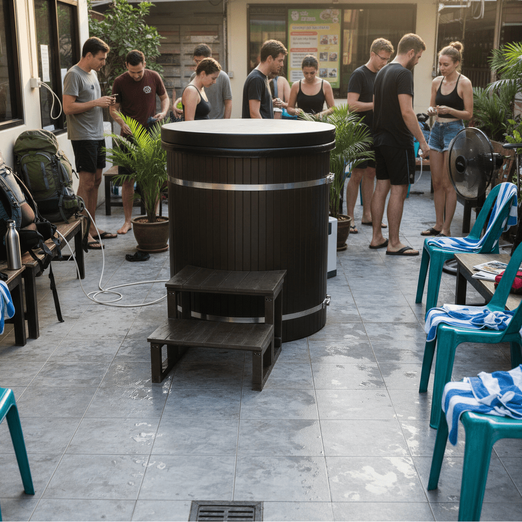 Group of young people standing around a barrel ice bath on a concrete courtyard.
