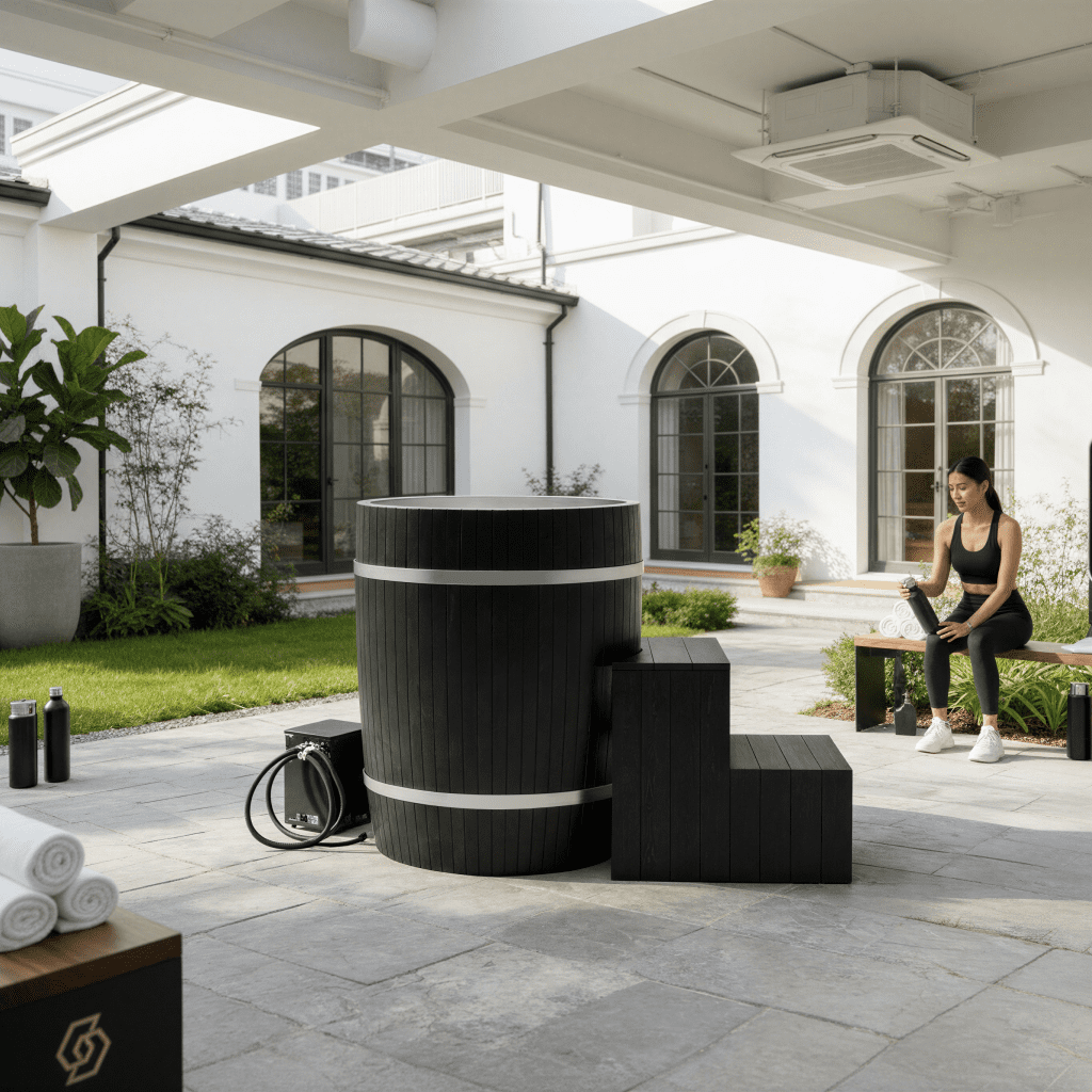 Black-stained Red Cedar plunge ice bath in the courtyard of a luxury day spa