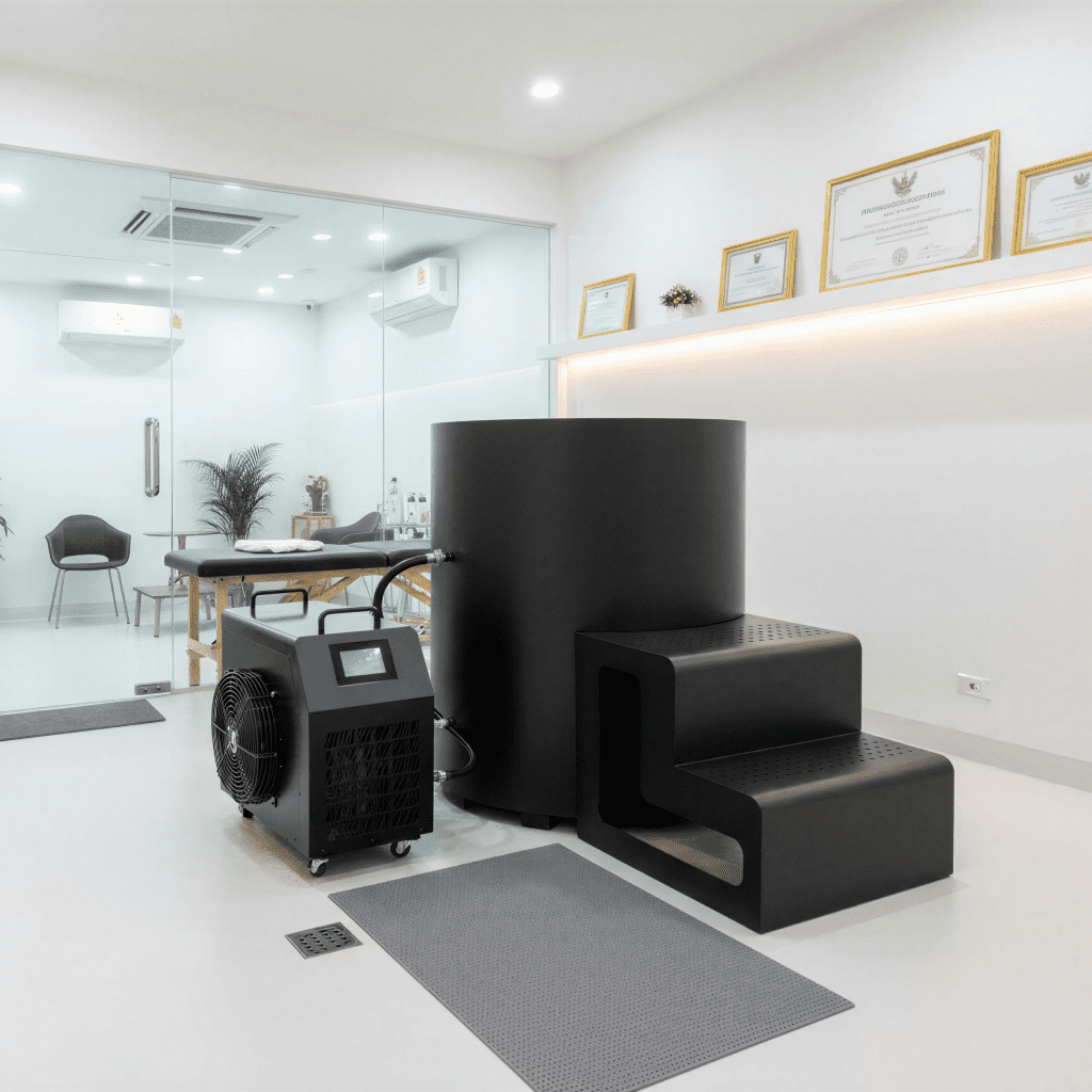 Black stainless steel plunge bath with chiller and entry step in a modern white clinic