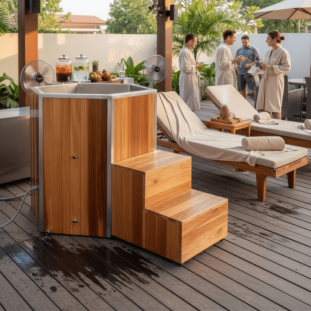 Hexagon Red Cedar ice bath with stainless steel interior on a Thai spa patio, guests seated nearby