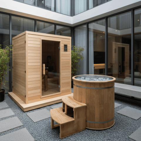 Sauna and ice bath contrast package on a deck