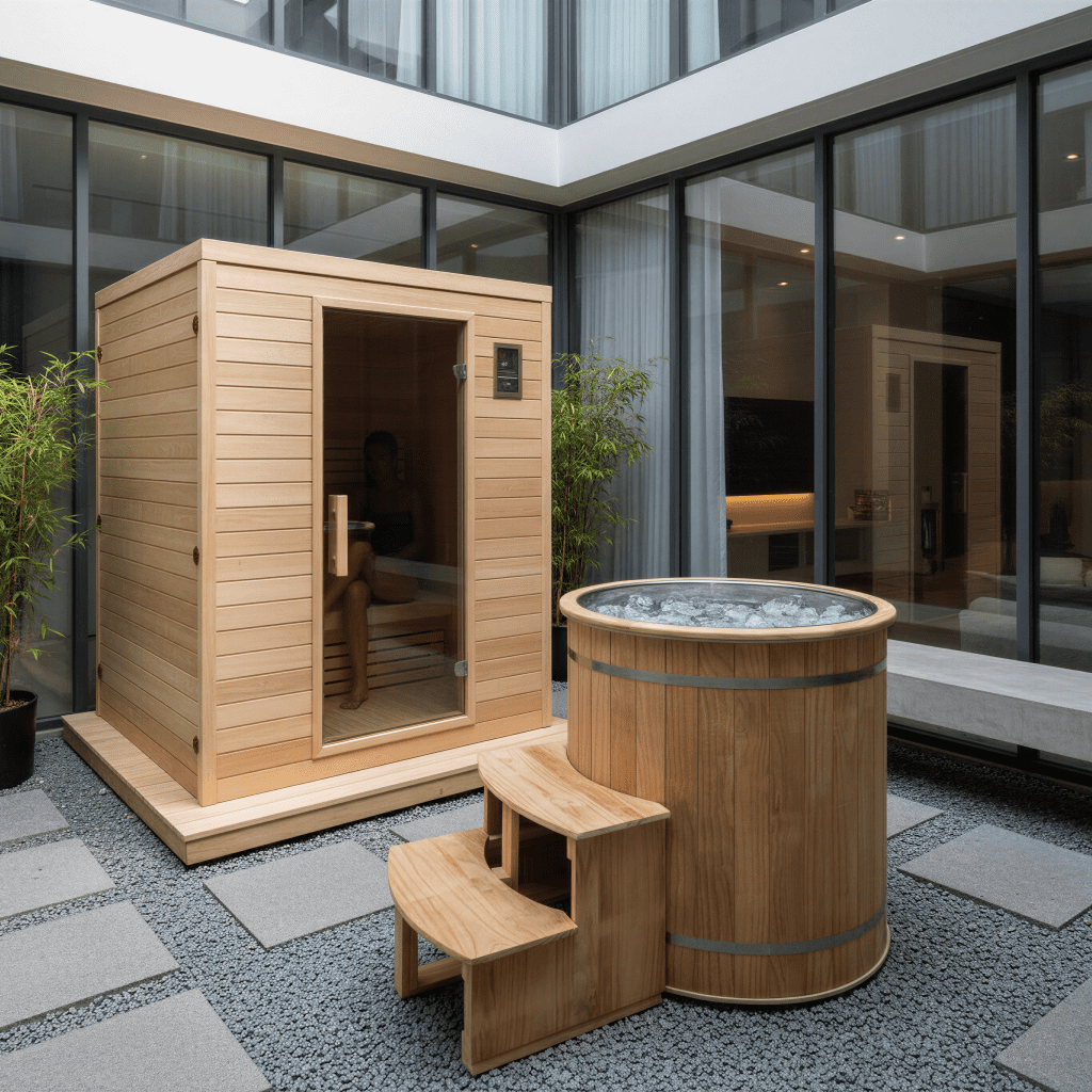 Knotless spruce sauna paired with a stainless plunge bath