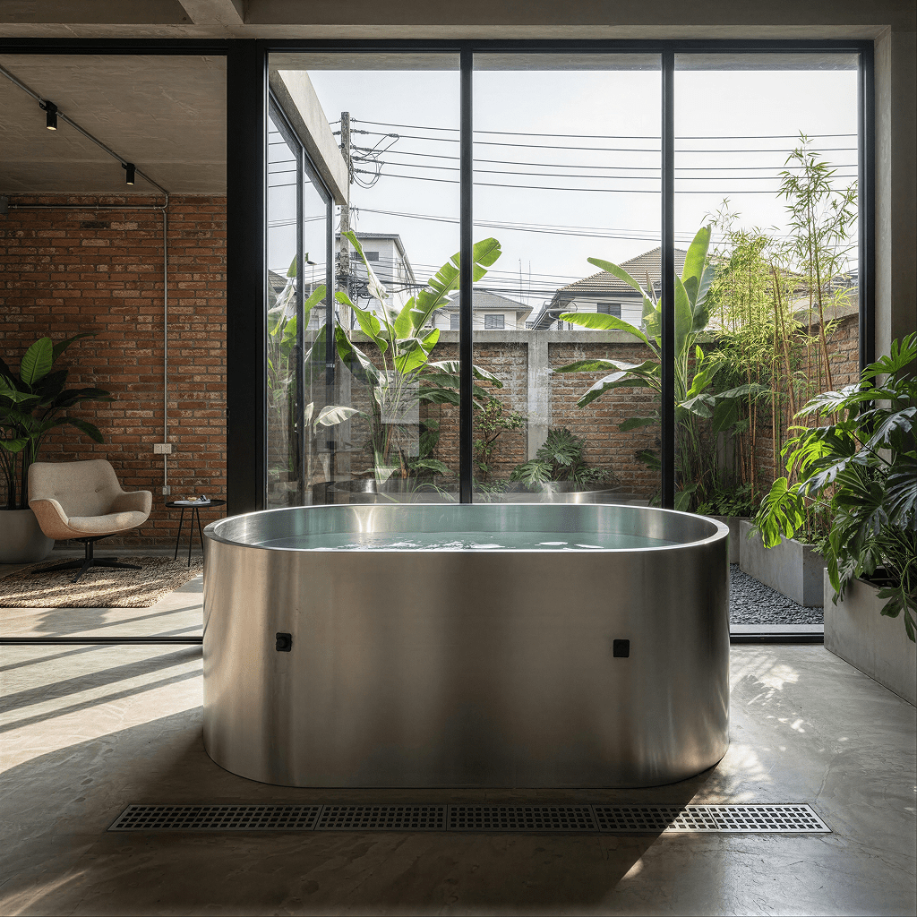 Round stainless steel ice bath tub in a day spa room with garden view through full-height windows