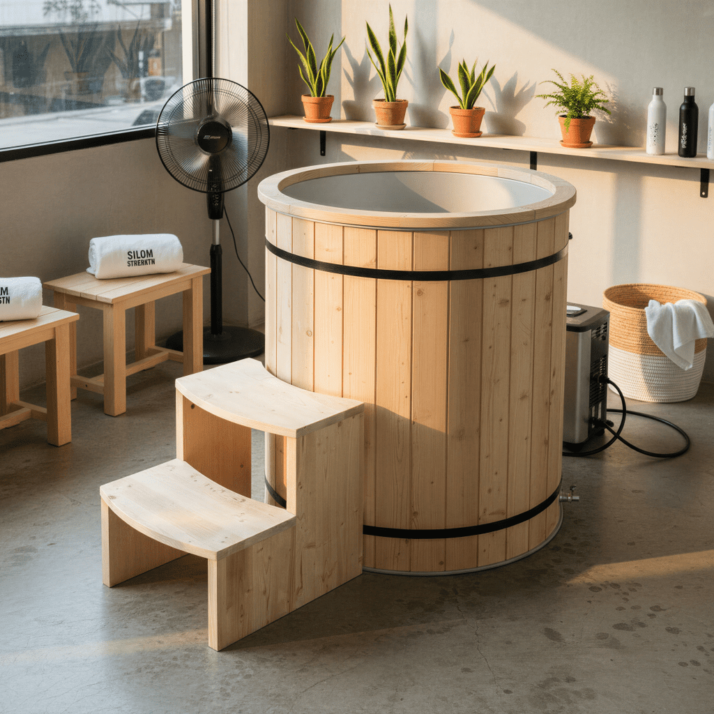 Thermo Pine Wood & Stainless Steel Plunge Bath in home wellness room