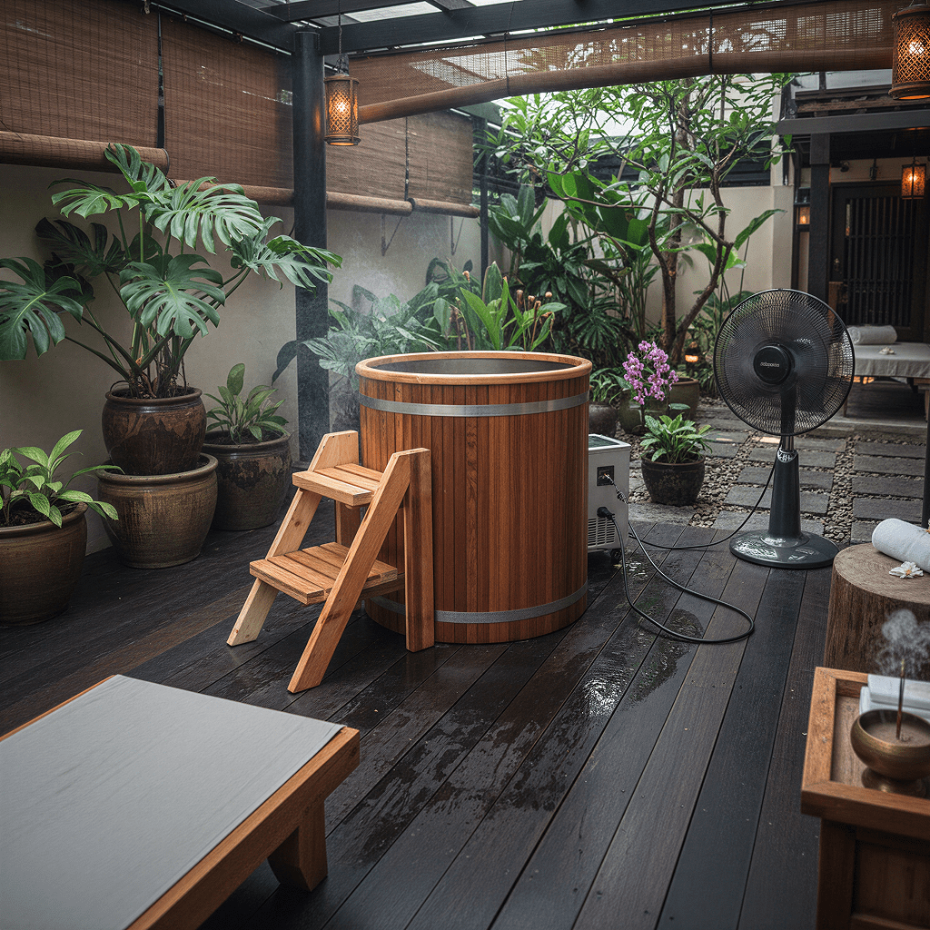 Red Cedar barrel ice bath with stainless steel interior on a dark timber deck in a garden at dusk