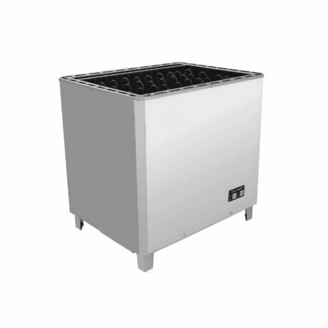 Commercial stainless steel sauna heater with large open stone basket, front view