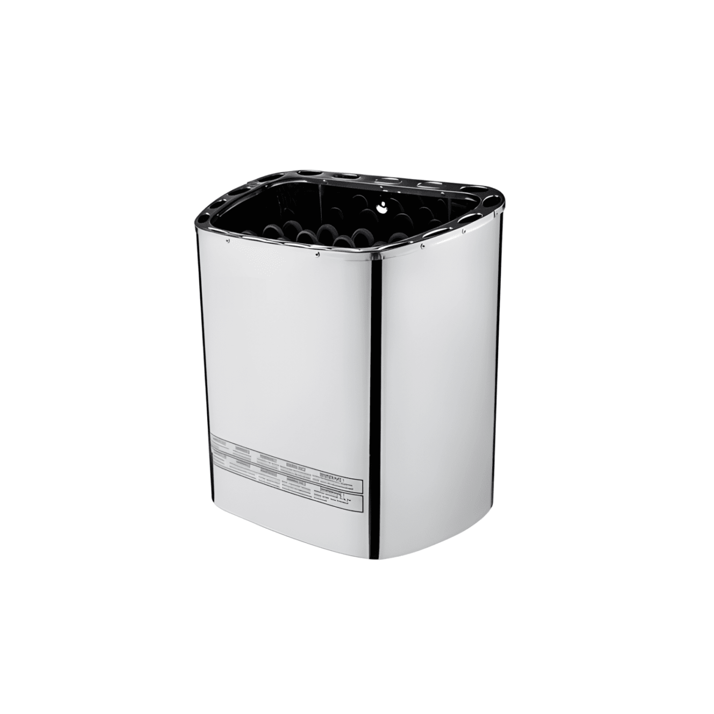Standard stainless steel electric sauna heater with black control panel, front view
