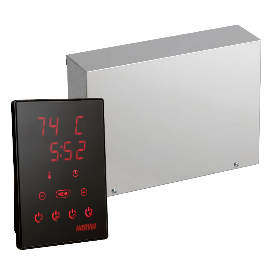 Harvia sauna control panel with black touchscreen showing temperature, with power unit behind
