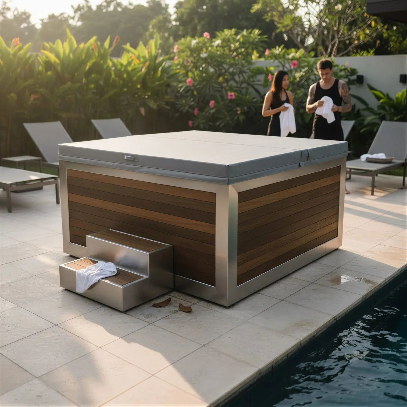 2 person wood and stainless steel plunge pool with steps beside a swimming pool, two people talking behind