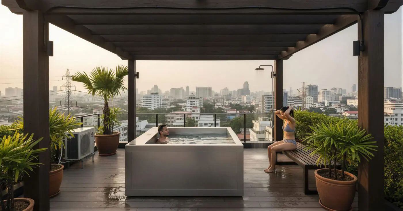 2 Person Stainless Steel Cold & Hot Plunge Pool + Chiller in undercover outdoor settings