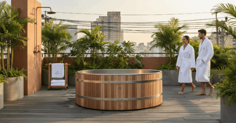 Stainless steel and timber ice bath with two people in robes