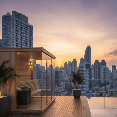 Sauna and ice bath on a city rooftop