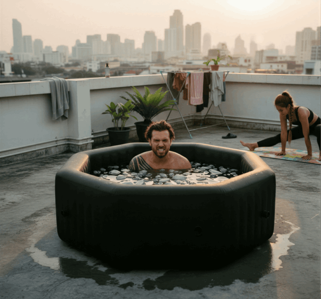 Inflatable bath on a condo balcony, city behind