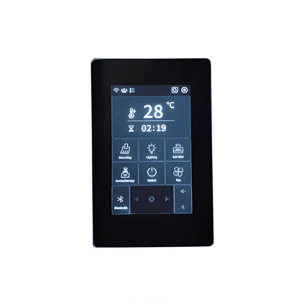 Diooist heater control panel, black touchscreen showing a temperature of 28°C