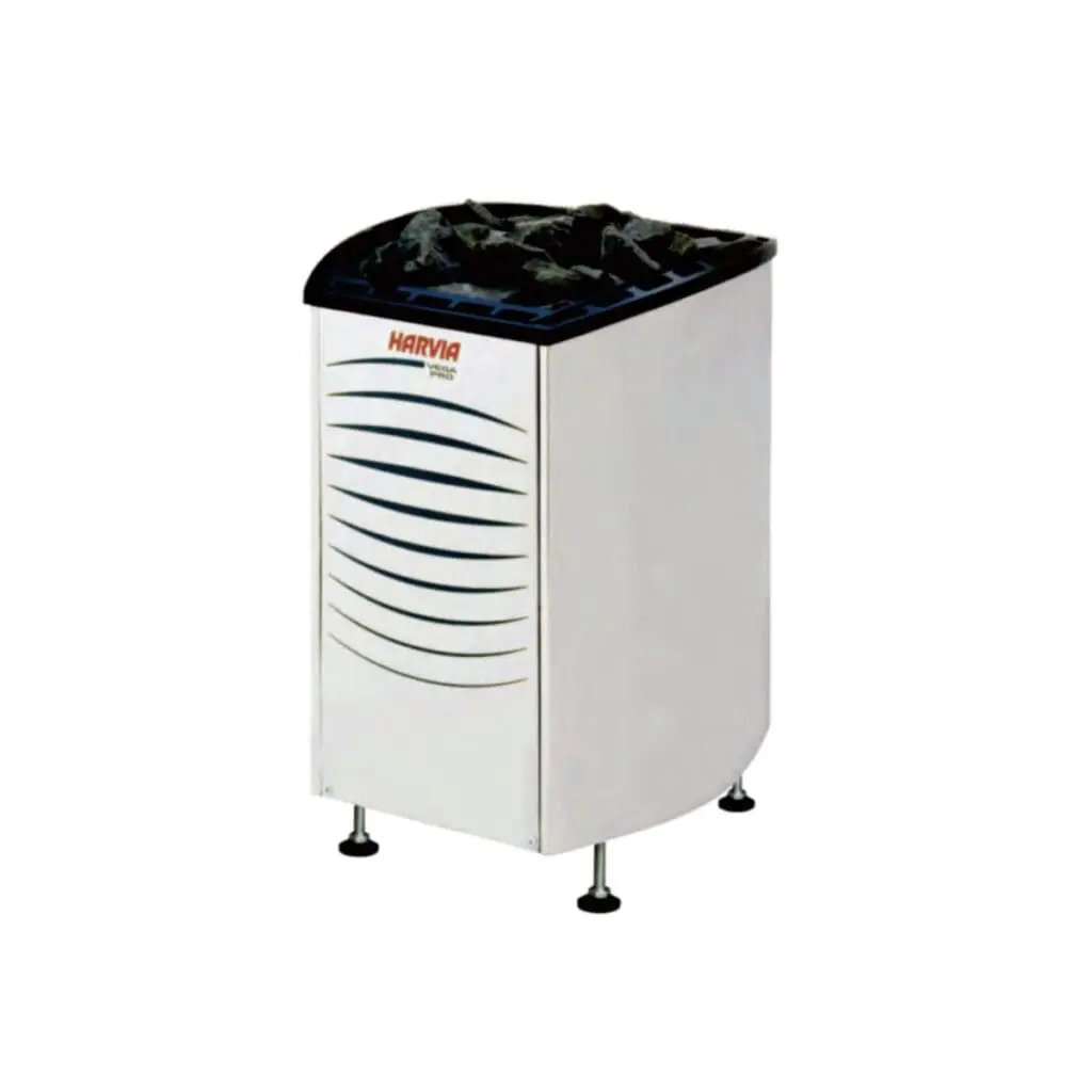 Harvia PRO commercial sauna heater, floor-standing unit with a black stone tray and adjustable feet