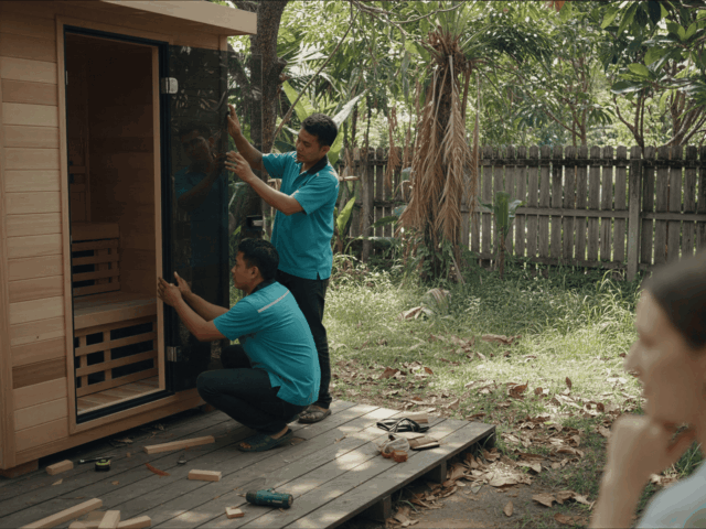 RönYen installation staff assembling a sauna in a Thailand backyard
