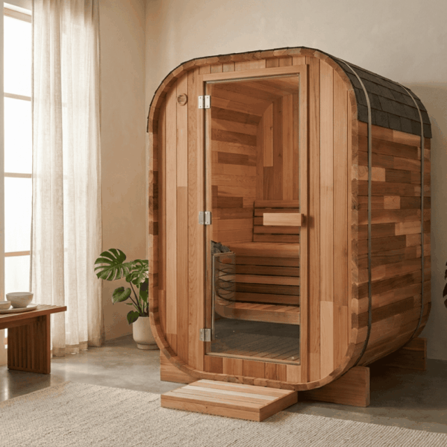 Two Person Cube Red Cedar Wood Sauna with Glass Front in Modern Home