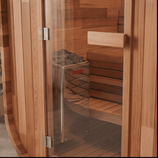 Two Person Cube Sauna close up of sauna heater and door