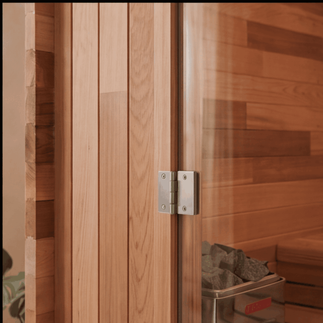 Two Person Cube Sauna close up of sauna heater and door