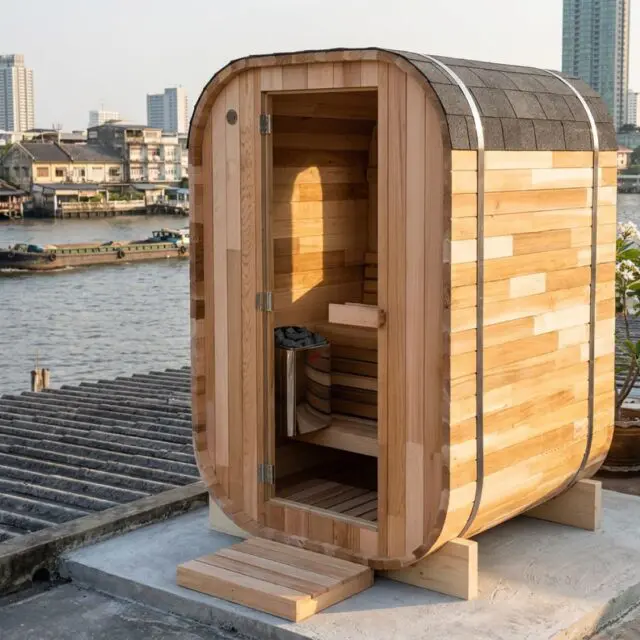 Two Person Cube Sauna with Glass Front beside Bangkok River