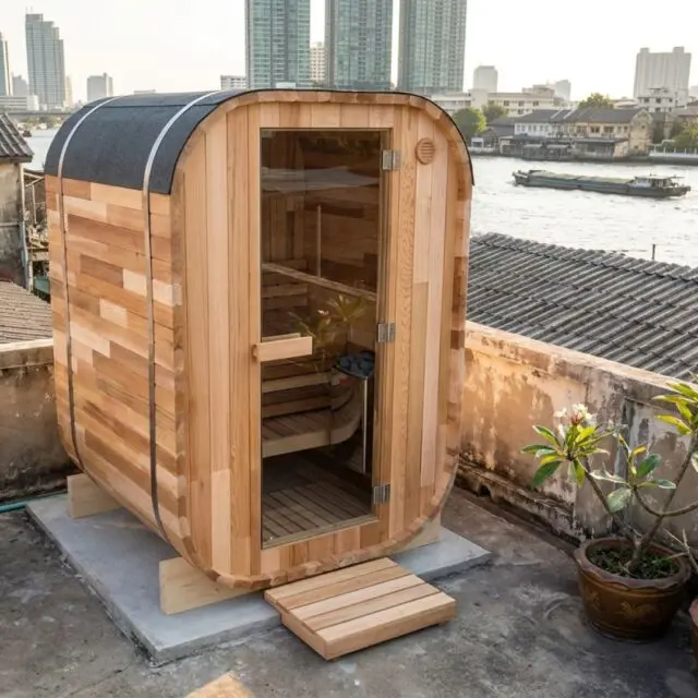 Two Person Cube Sauna with Glass Front on City Rooftop