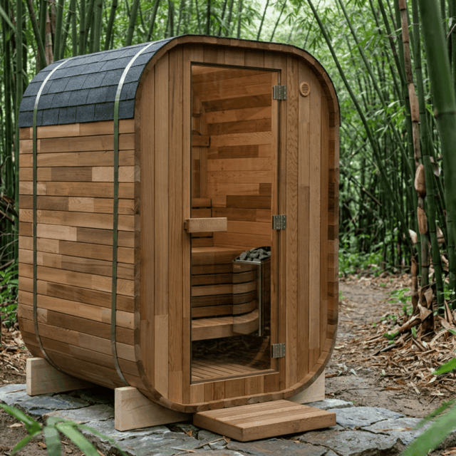 Two Person Cube Thermopine Sauna with Glass Front in Bamboo Forest