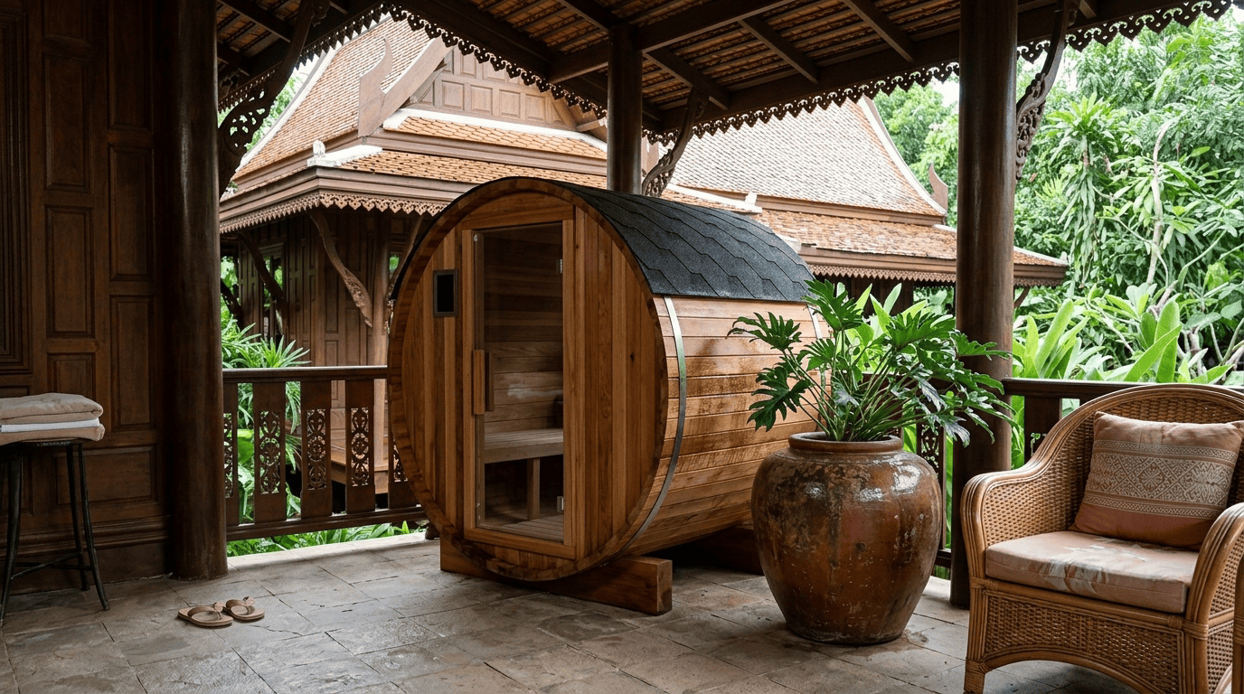 Two-person barrel sauna on the covered terrace of a Thai-style timber house, with a large pot and armchair beside it