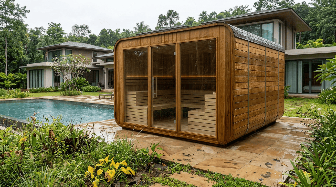 Eight-person cube sauna with glazed panels on a paved terrace beside a pool, house behind