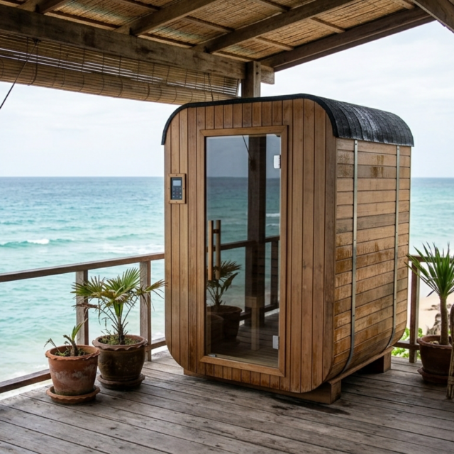 Two person sauna on a deck near the beach side