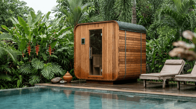 Four-person cube sauna with a glass door on a paved terrace, tropical planting and mountains behind