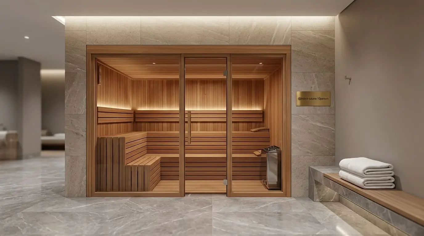 Two-person indoor sauna built into the corner of a bathroom beside a freestanding bath