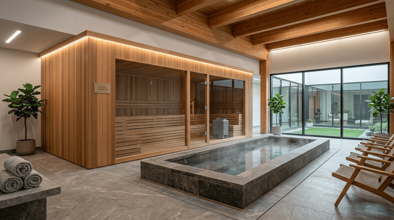 Fourteen-person indoor sauna in a timber-lined room with a sunken plunge pool and full-height glazing onto a garden