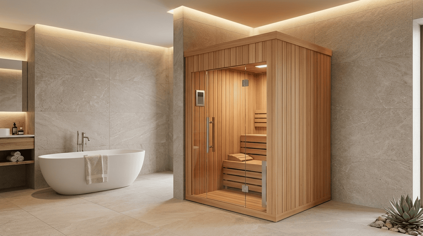 Four-person outdoor sauna on a timber deck at the water's edge, jungle behind