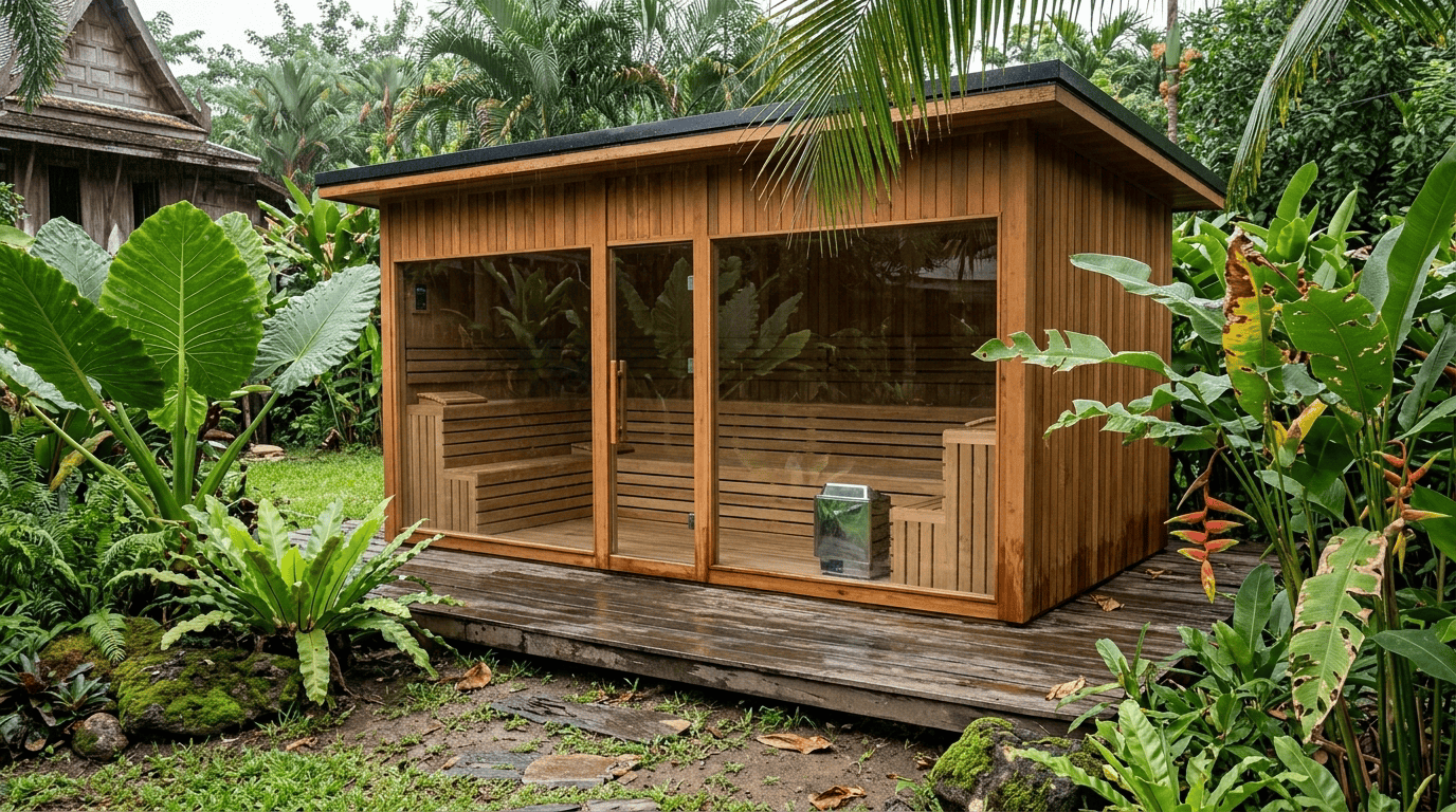 Eight-person indoor sauna with a full glass front in a spa interior, bench and towels alongside