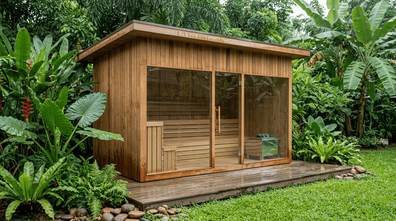 Four-person indoor sauna with a glass front built into a home gym