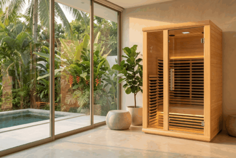 Full glass sauna door with a clean edge and a wood handle