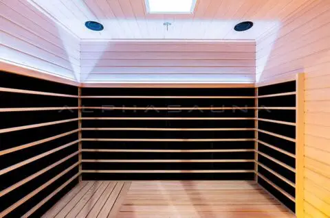 Carbon nanofiber and mica infrared heater panel set into the sauna wall