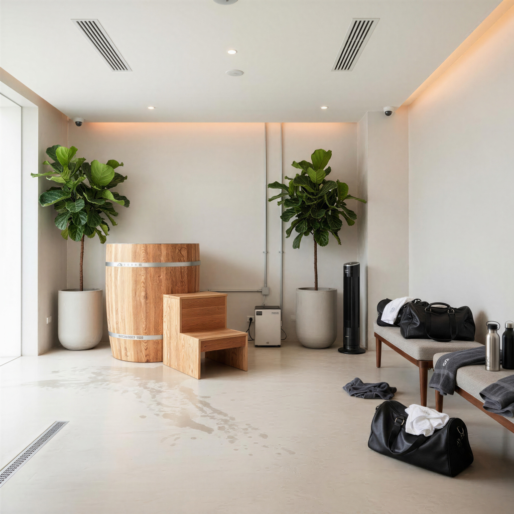 Modern cedar cold plunge pool with accessories