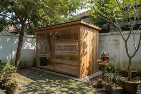 Glass-front outdoor cabin sauna in a Thai garden
