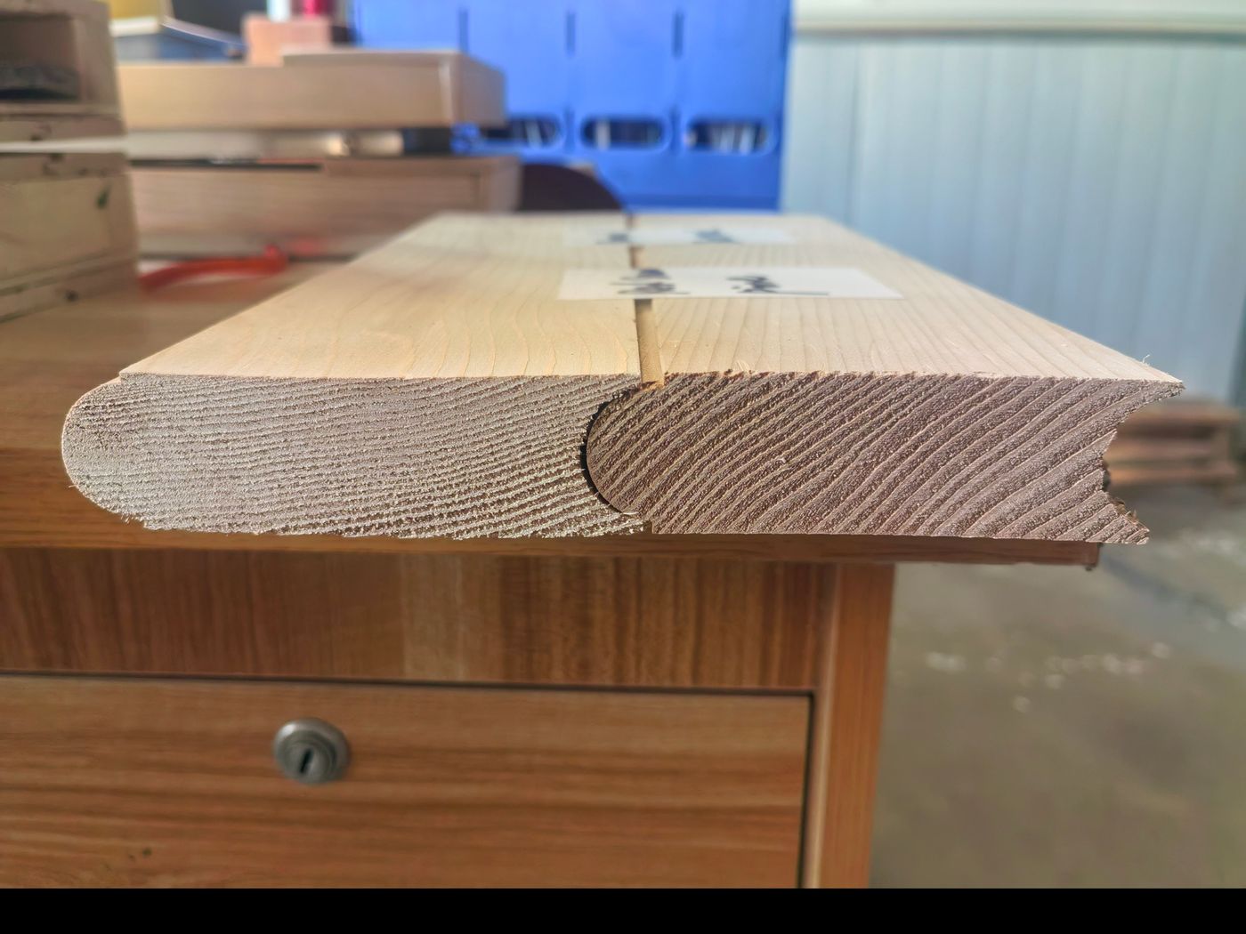The profile of a solid timber stave, tongue and groove, as the barrel is built from