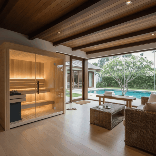 Nallak Indoor Sauna Room in a family room with a pool room outside