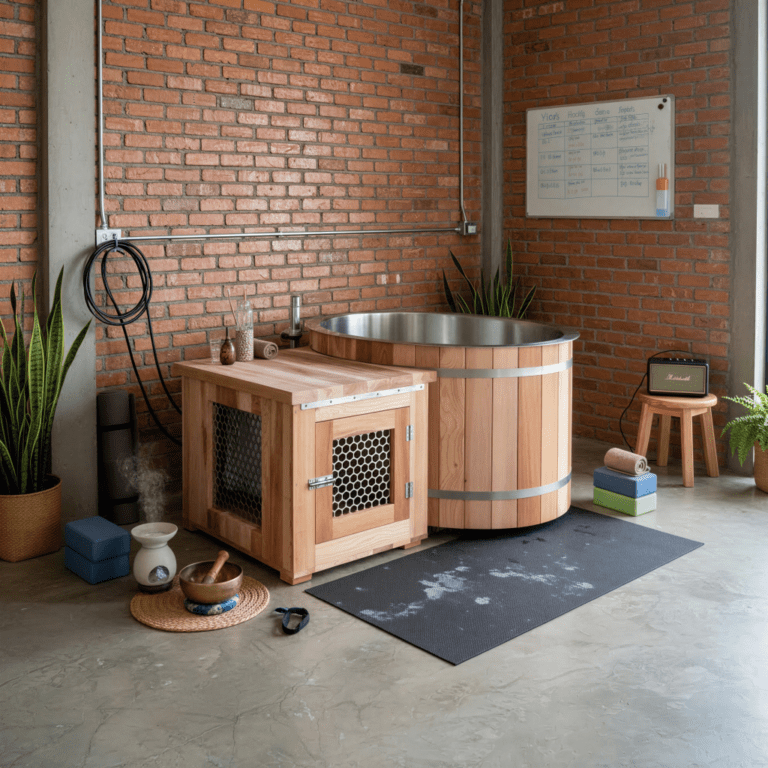 Red Cedar & Stainless Steel Ice Bath with wood box in corner of a Thai house