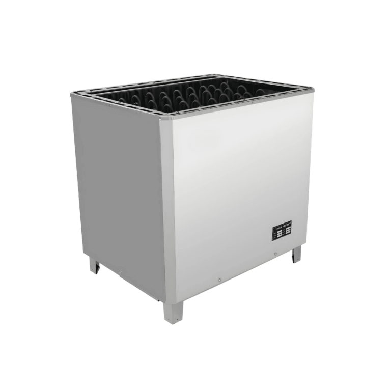 Commercial stainless steel sauna heater with large open stone basket, front view