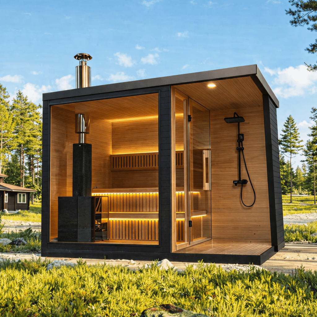 Outdoor sauna with door