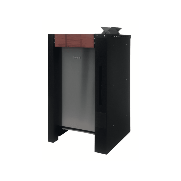 Premium commercial sauna heater in black steel with top-mounted stone tray, front view