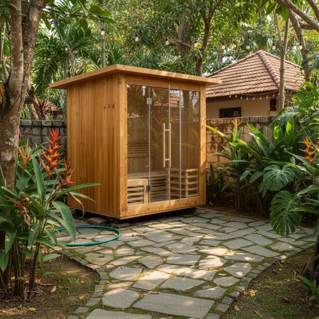 Square Outdoor Sauna in a leafy Thai home backyard