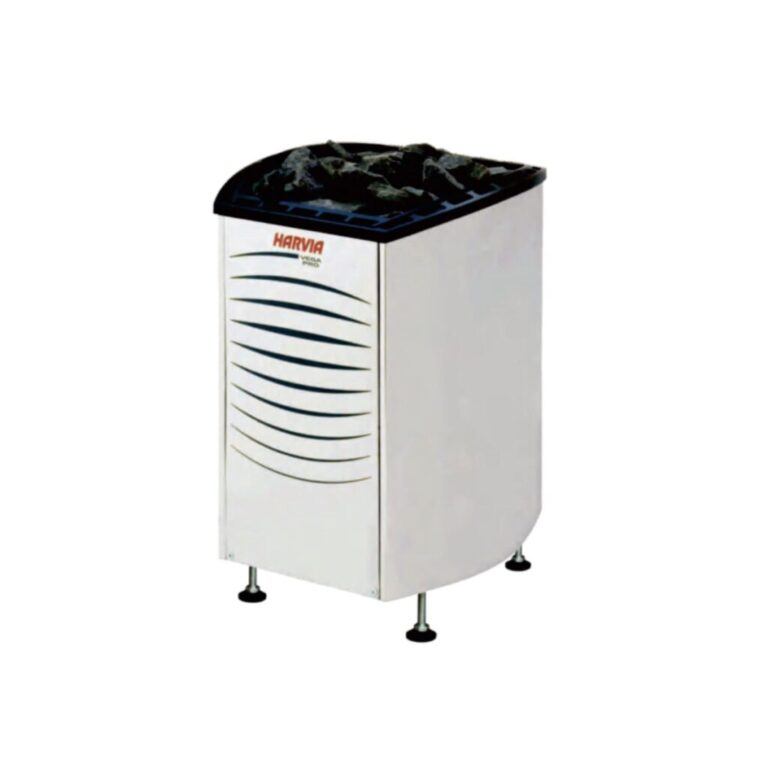 Harvia PRO commercial sauna heater, floor-standing unit with a black stone tray and adjustable feet