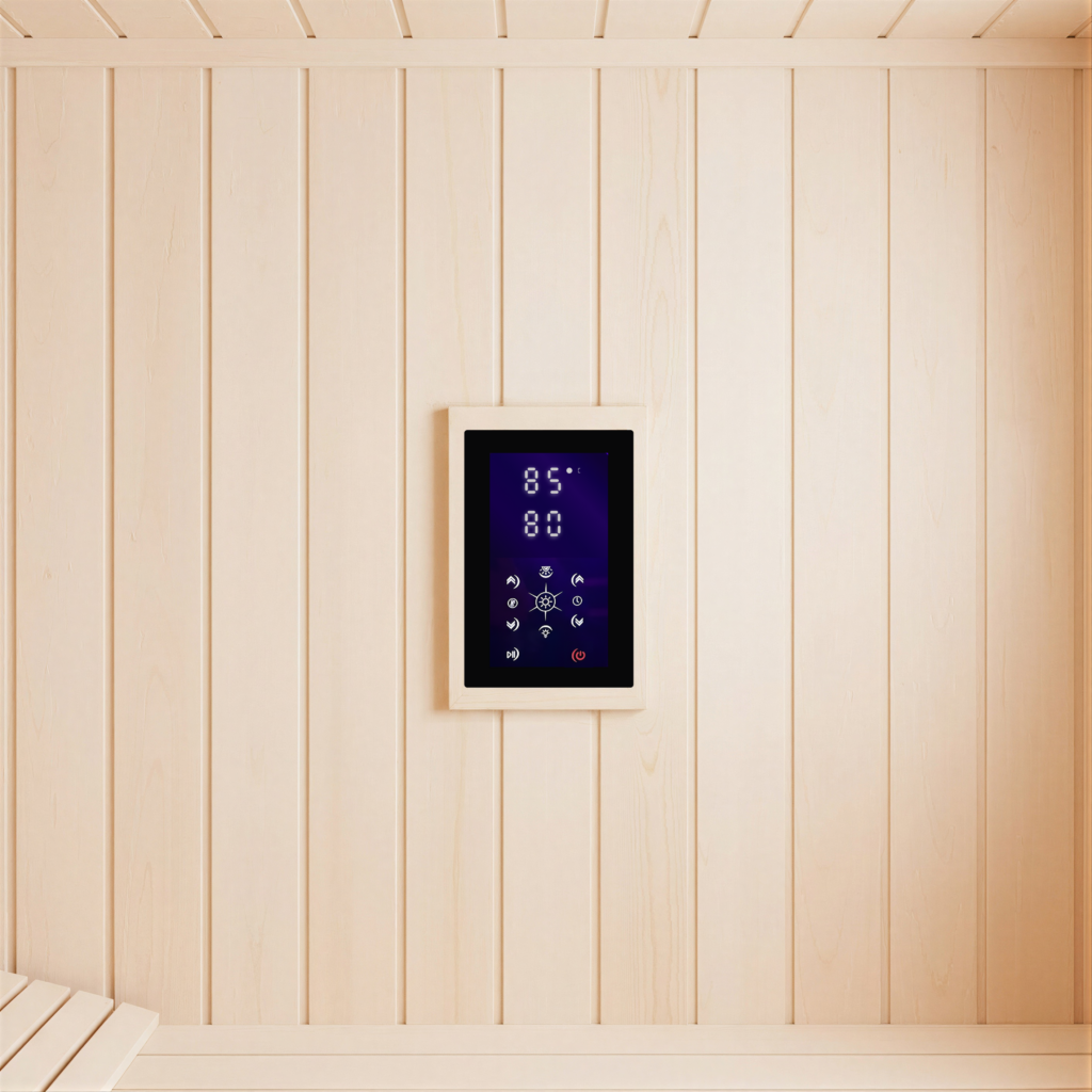 Wall-mounted smart sauna controller showing the set temperature