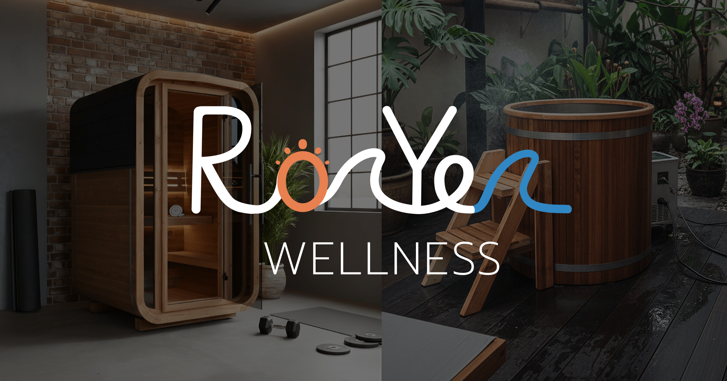 RonYen Wellness logo over a dark interior with a glass-fronted sauna and a round timber ice bath