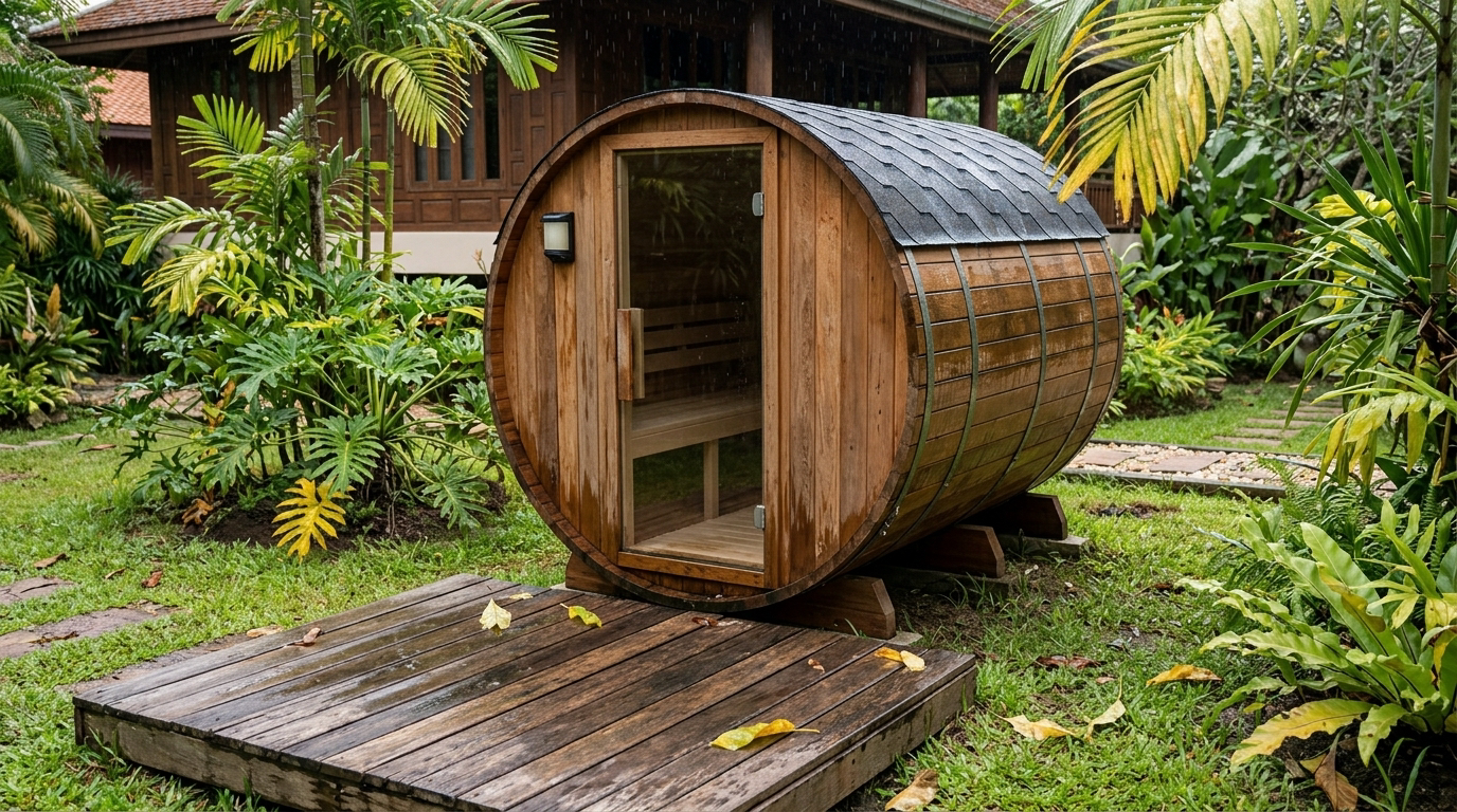 Two-person cube sauna with a full-height glass front on a covered deck overlooking the sea